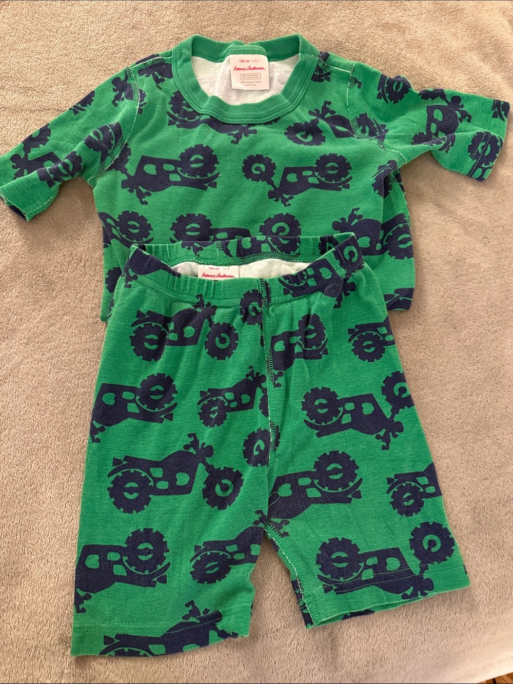Hanna Andersson Green Pajama Set with Navy Tractor Print